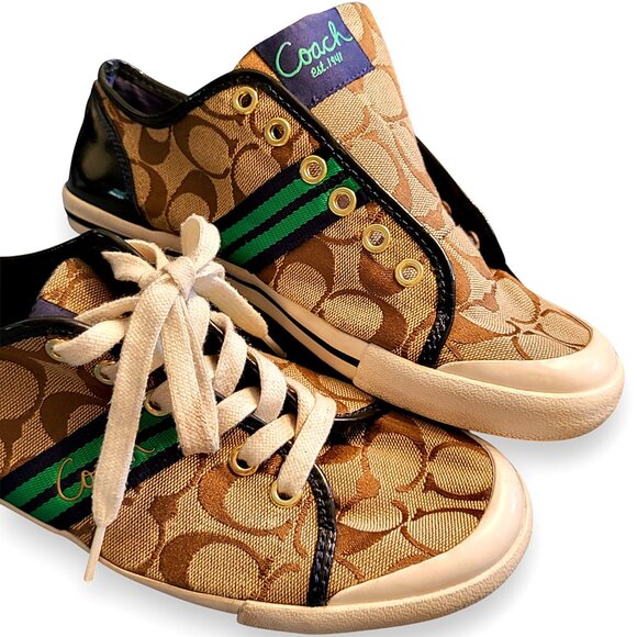 Coach Folly Signature C Sneakers Brown/Green Stripe & Blue Purple Heel Womenโs 8 - Picture 2 of 16